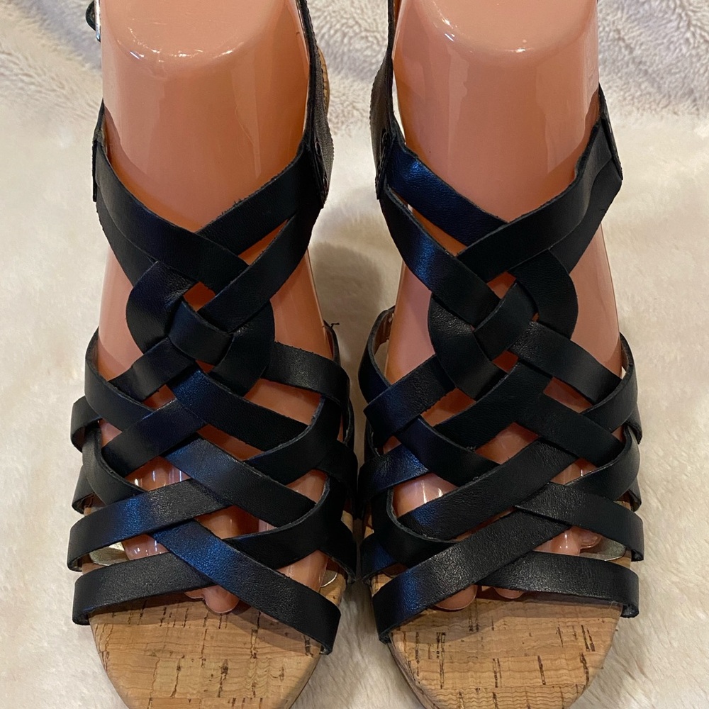 Guess WGeppie Black Strappy Leather Cork Wedge Slingback Sandals Size 9 VGC - Picture 7 of 16